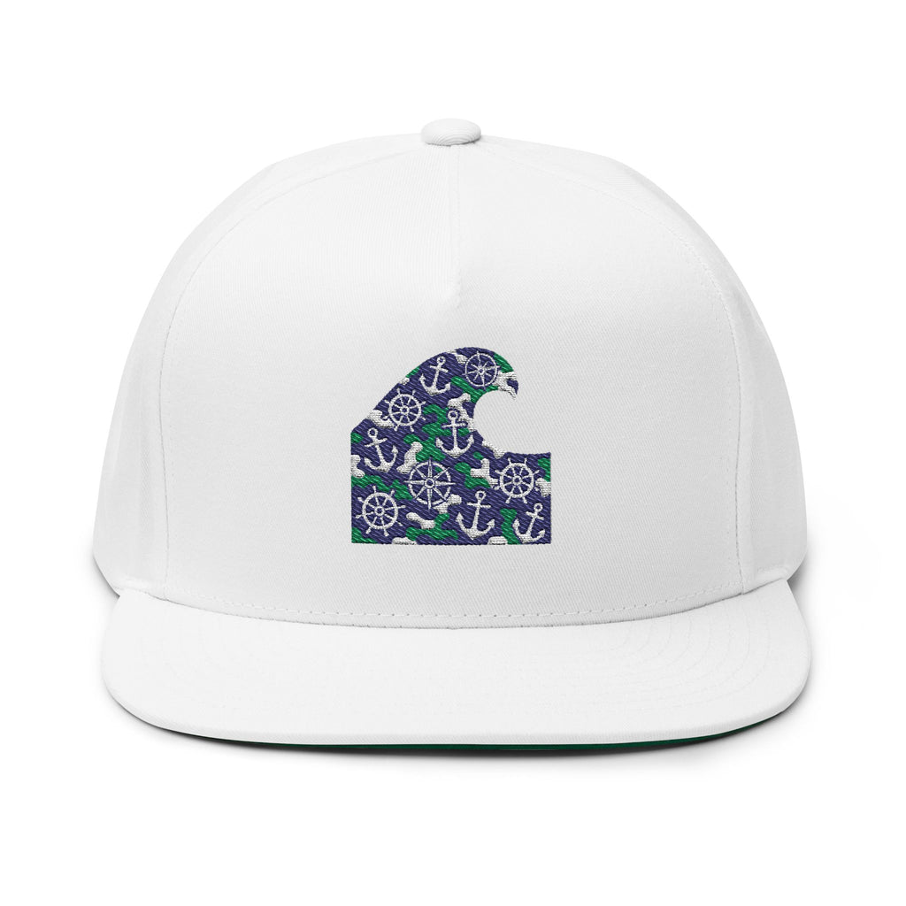 Nautical Wave Embroidered Flat Bill Cap — Anchor & Wheel Snapback