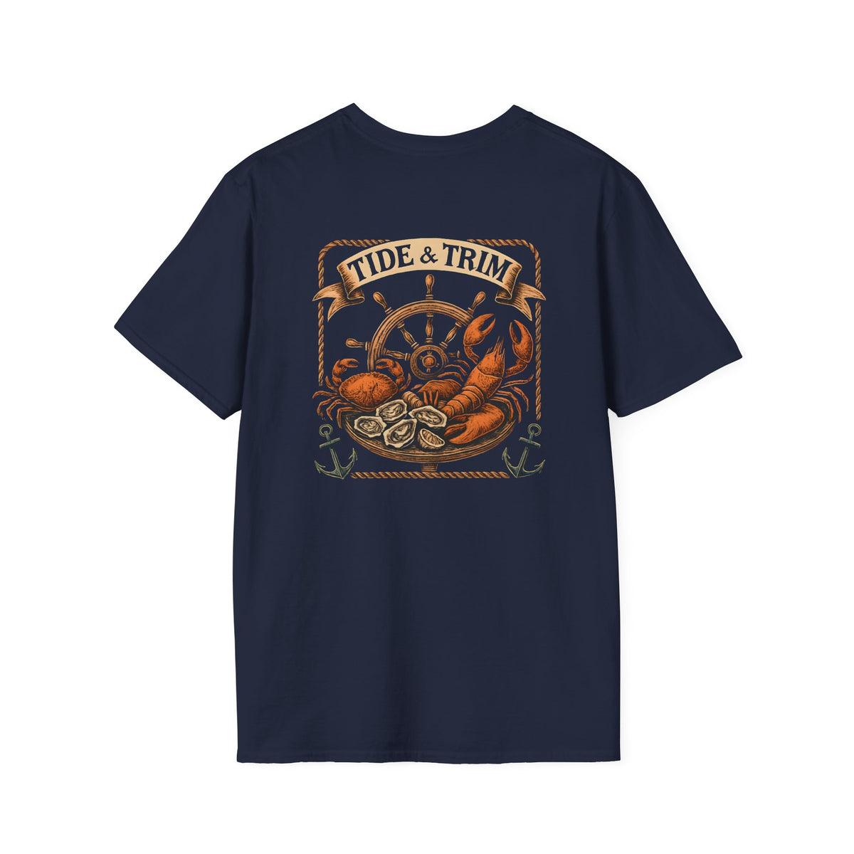 T-Shirt — Tide & Trim Seafood Vintage Nautical Tee (lobster, oysters, ship wheel)