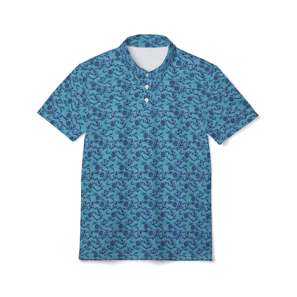 Blue Nautical Ocean Wave Pattern Polo
