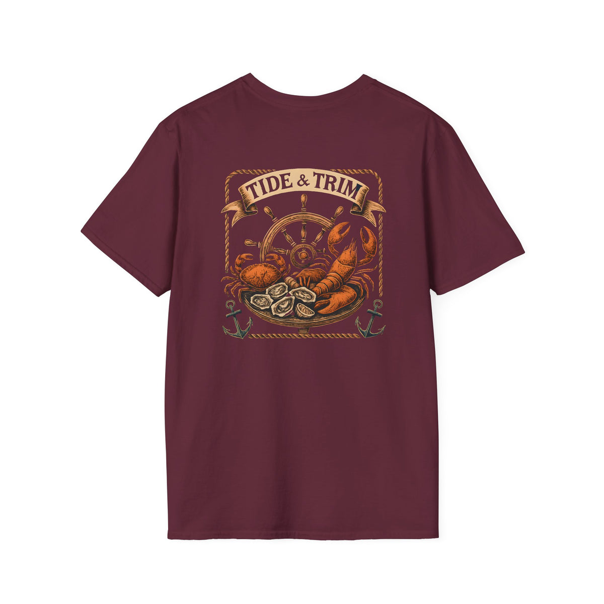 T-Shirt — Tide & Trim Seafood Vintage Nautical Tee (lobster, oysters, ship wheel)