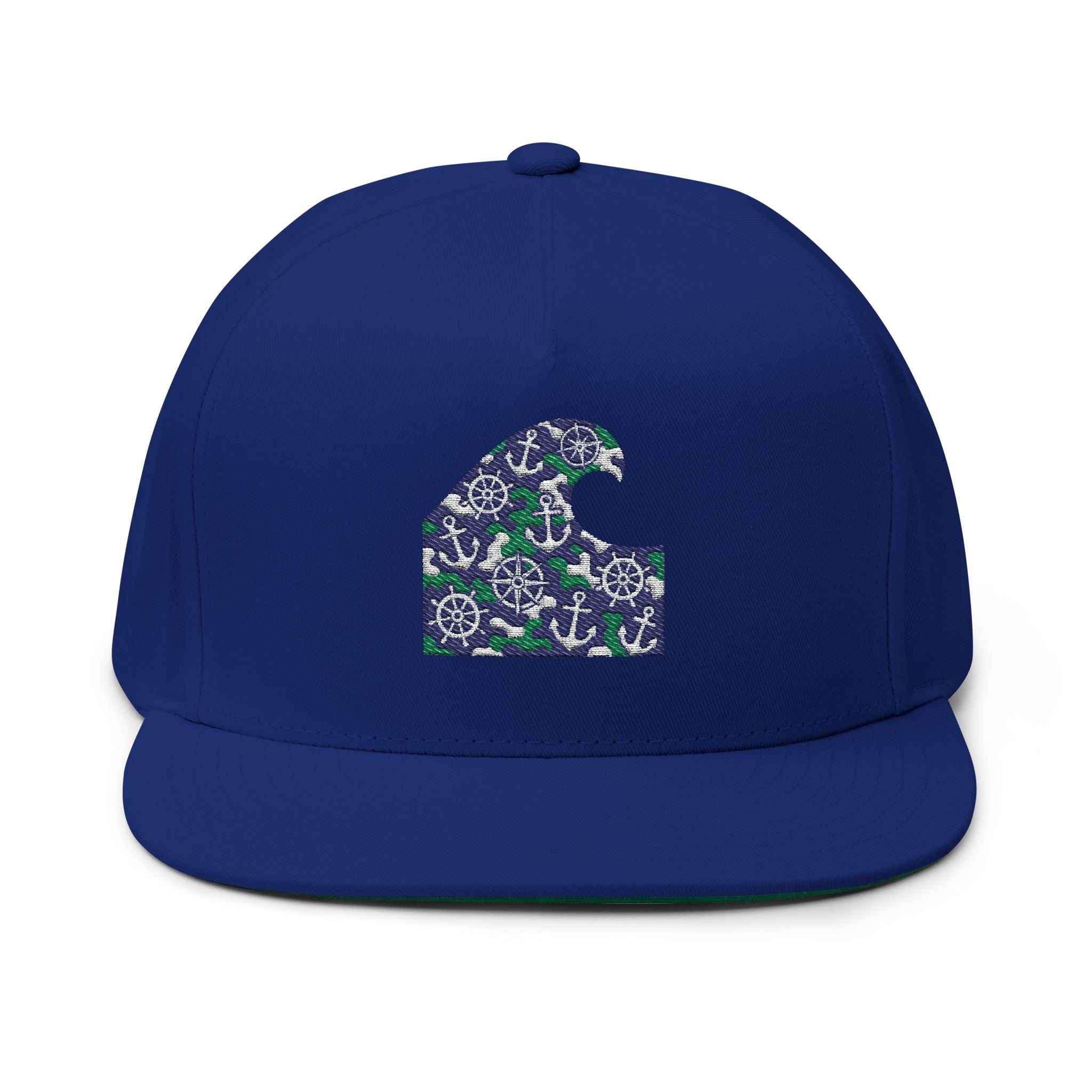 Nautical Wave Embroidered Flat Bill Cap — Anchor & Wheel Snapback