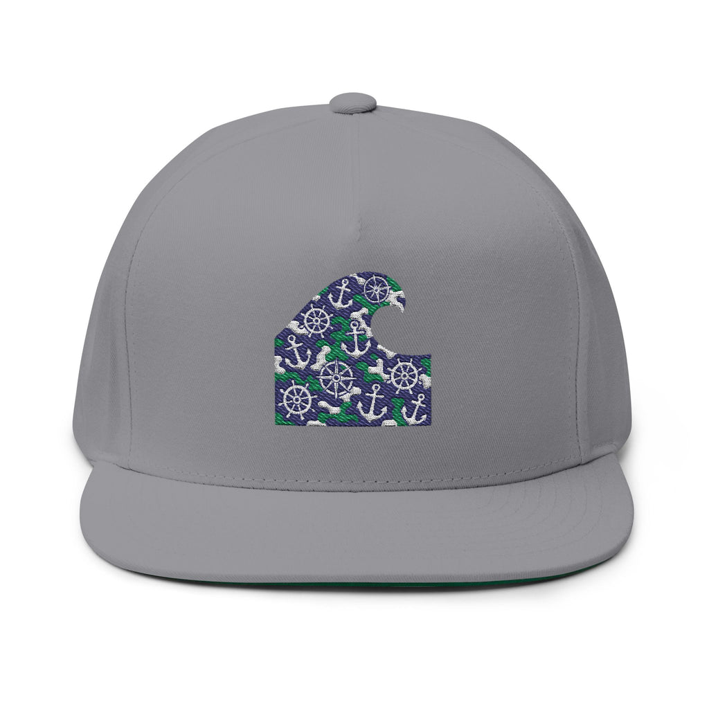 Nautical Wave Embroidered Flat Bill Cap — Anchor & Wheel Snapback