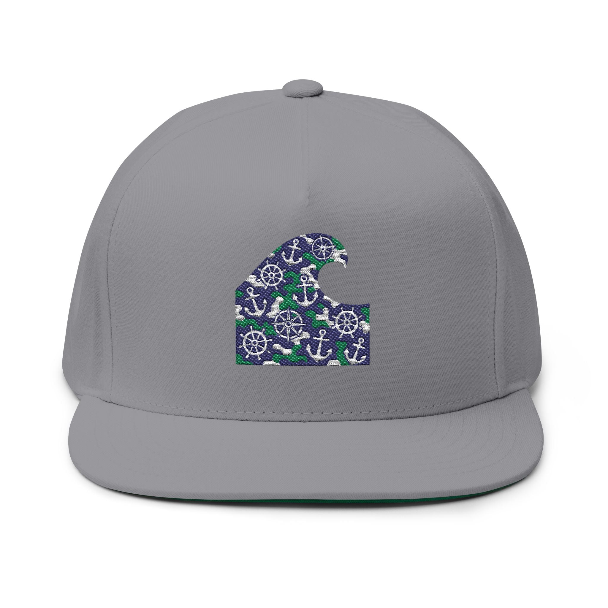Nautical Wave Embroidered Flat Bill Cap — Anchor & Wheel Snapback