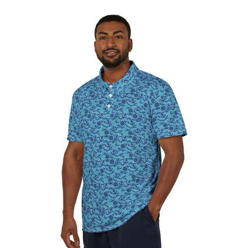 Blue Nautical Ocean Wave Pattern Polo