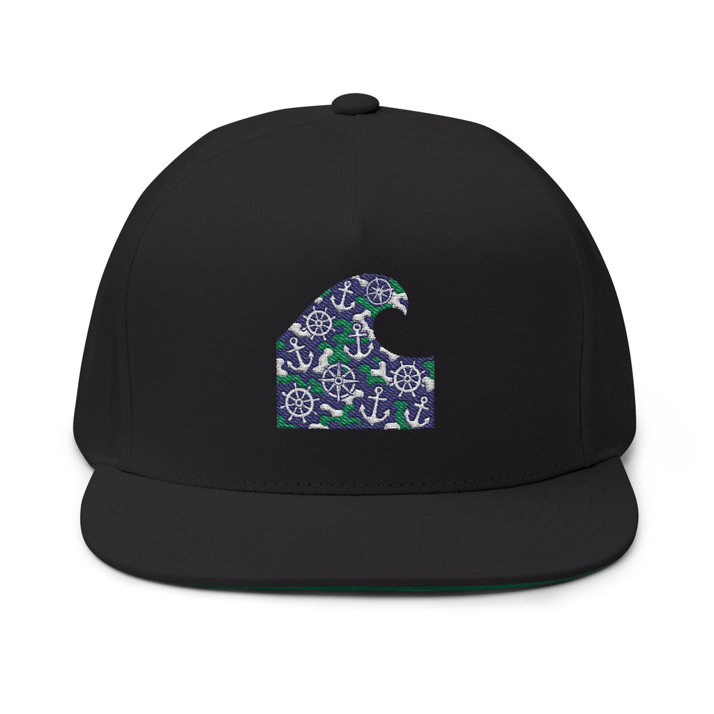 Nautical Wave Embroidered Flat Bill Cap — Anchor & Wheel Snapback