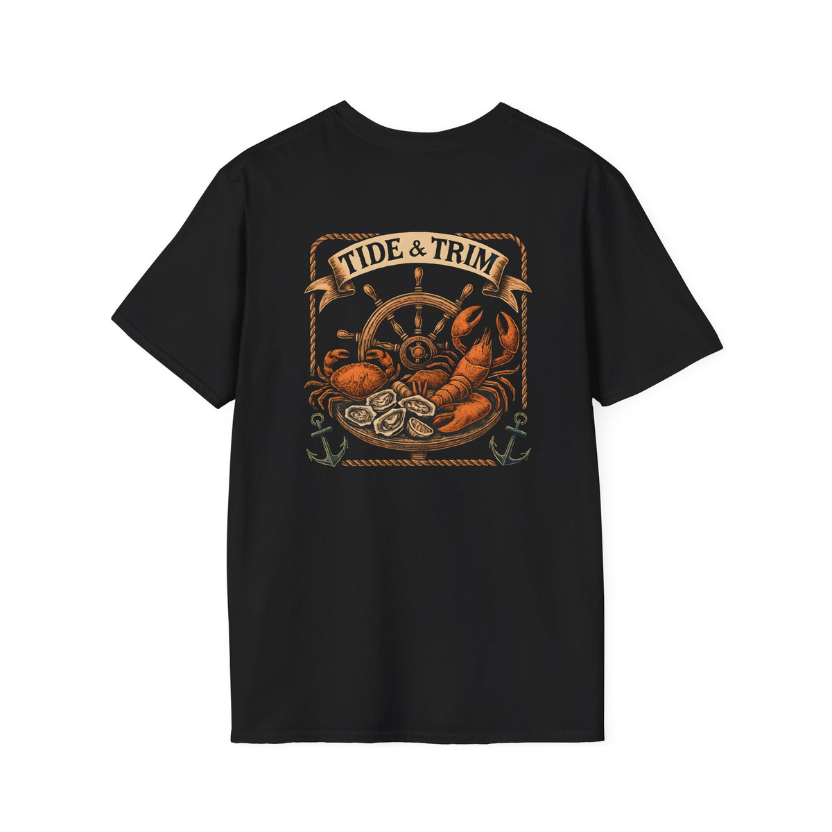 T-Shirt — Tide & Trim Seafood Vintage Nautical Tee (lobster, oysters, ship wheel)