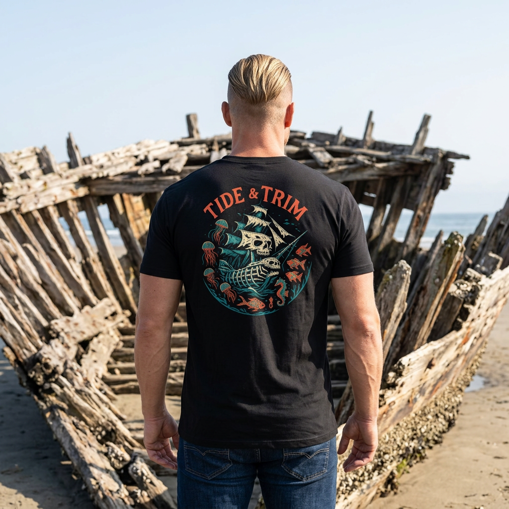 Skeleton Pirate Ship T-Shirt — Haunted Pirate Skull Sailing Tee