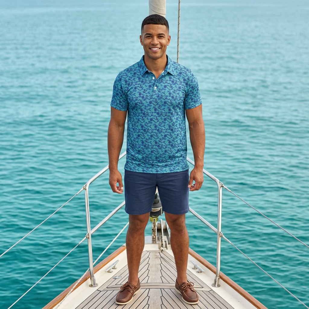 Blue Nautical Ocean Wave Pattern Polo