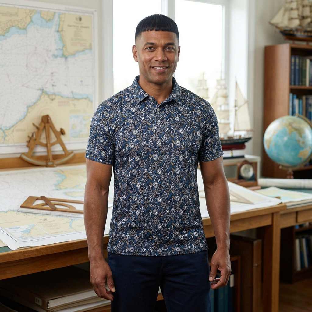 Nautical Instruments Polo Shirt — Maritime Compass & Sextant Design