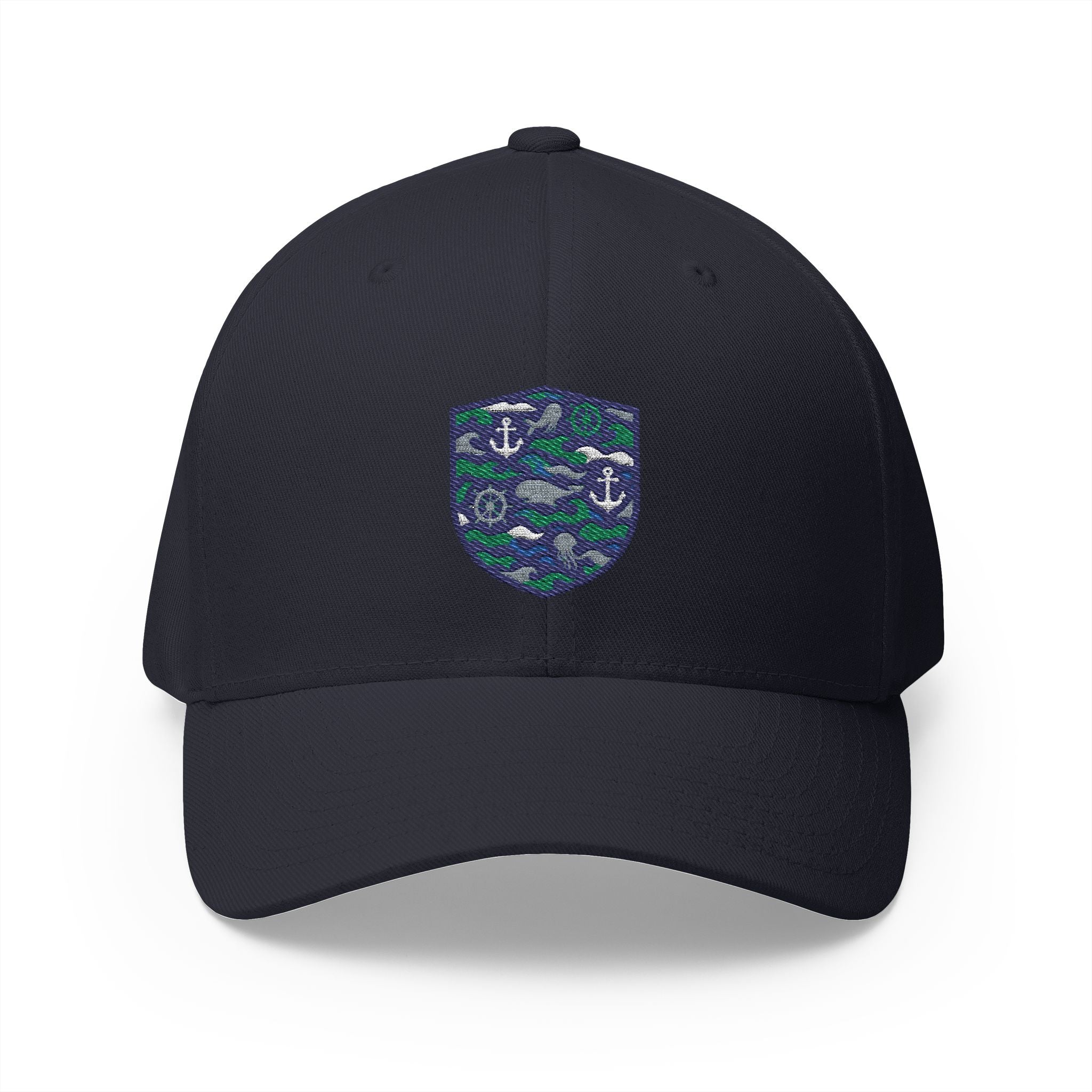 Nautical Crest Embroidered Cap — Anchor Wave Logo Baseball Hat