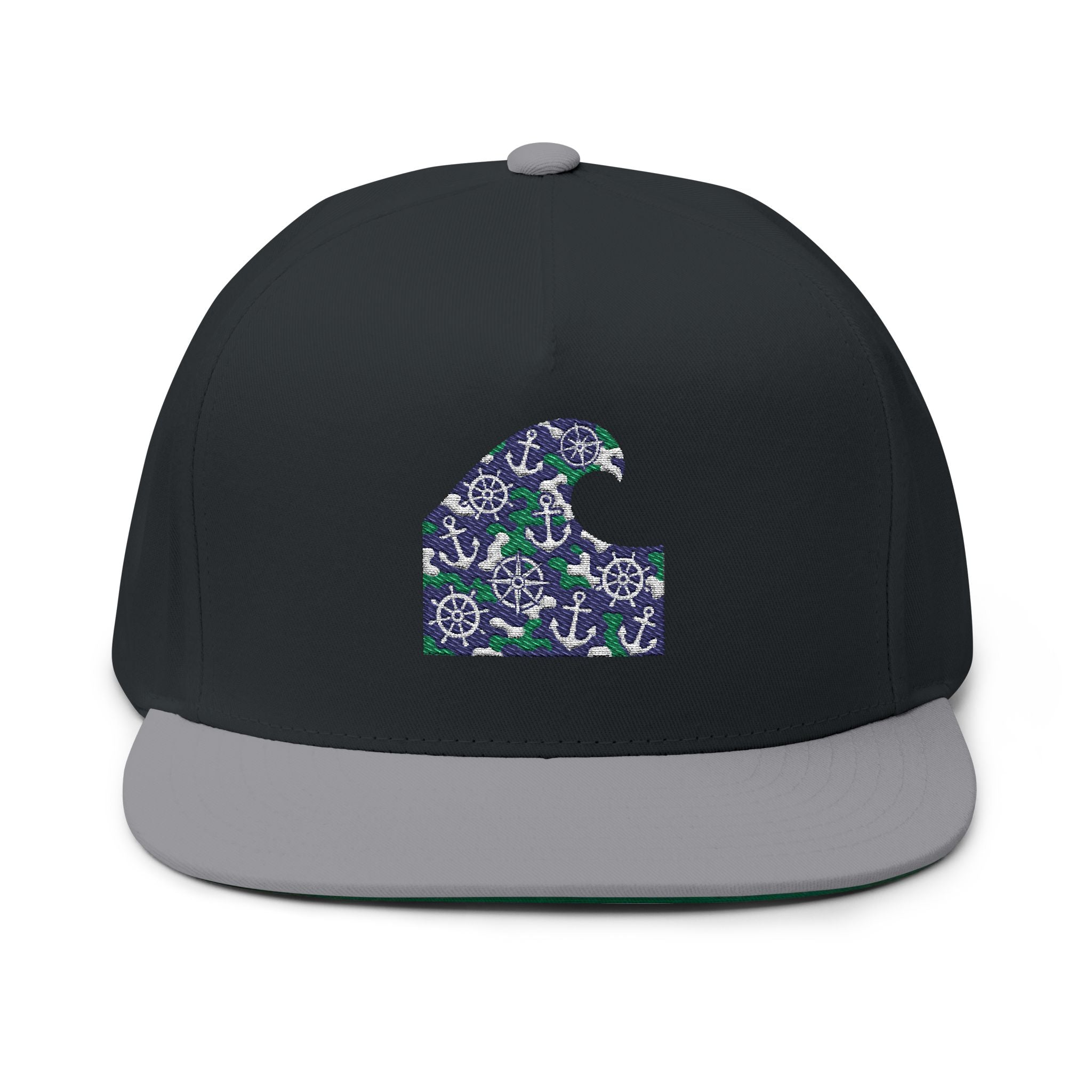 Nautical Wave Embroidered Flat Bill Cap — Anchor & Wheel Snapback