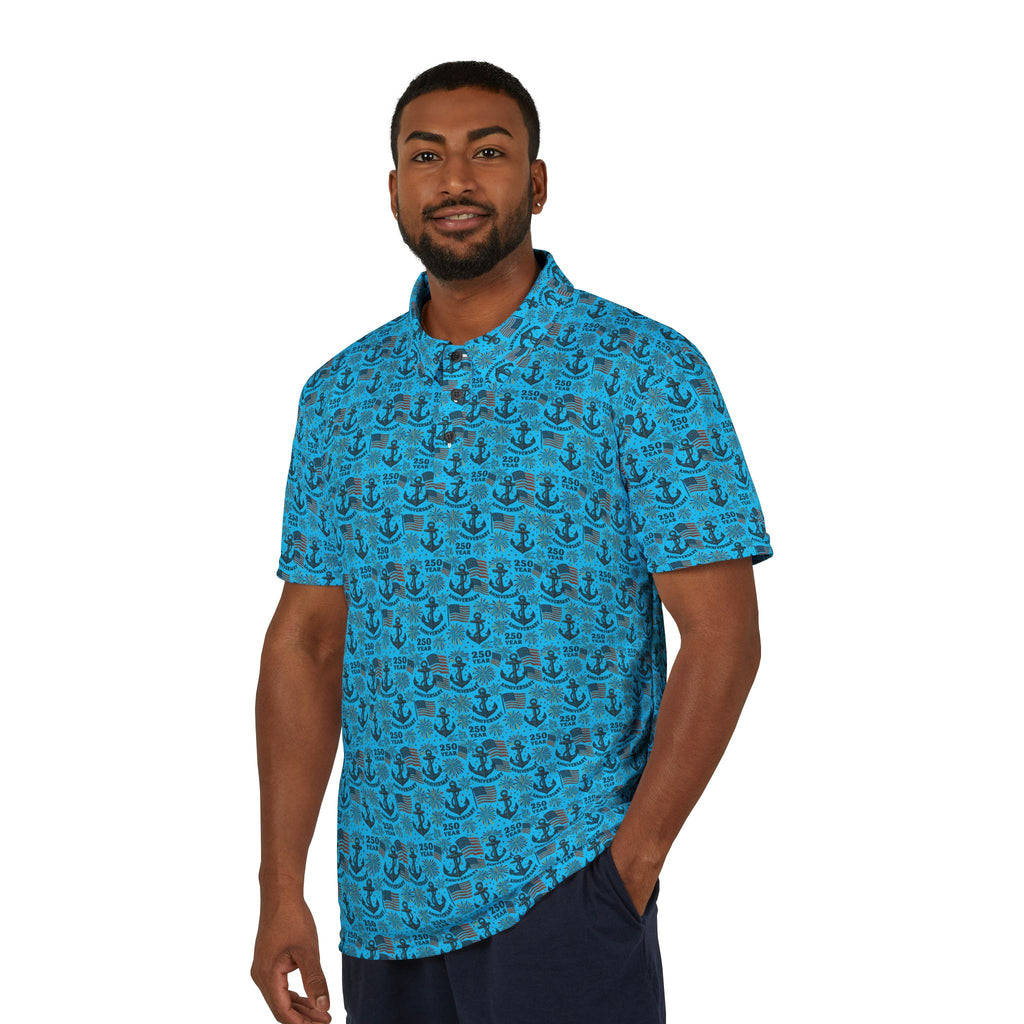 Nautical Anchor & American Flag Polo Shirt — Blue
