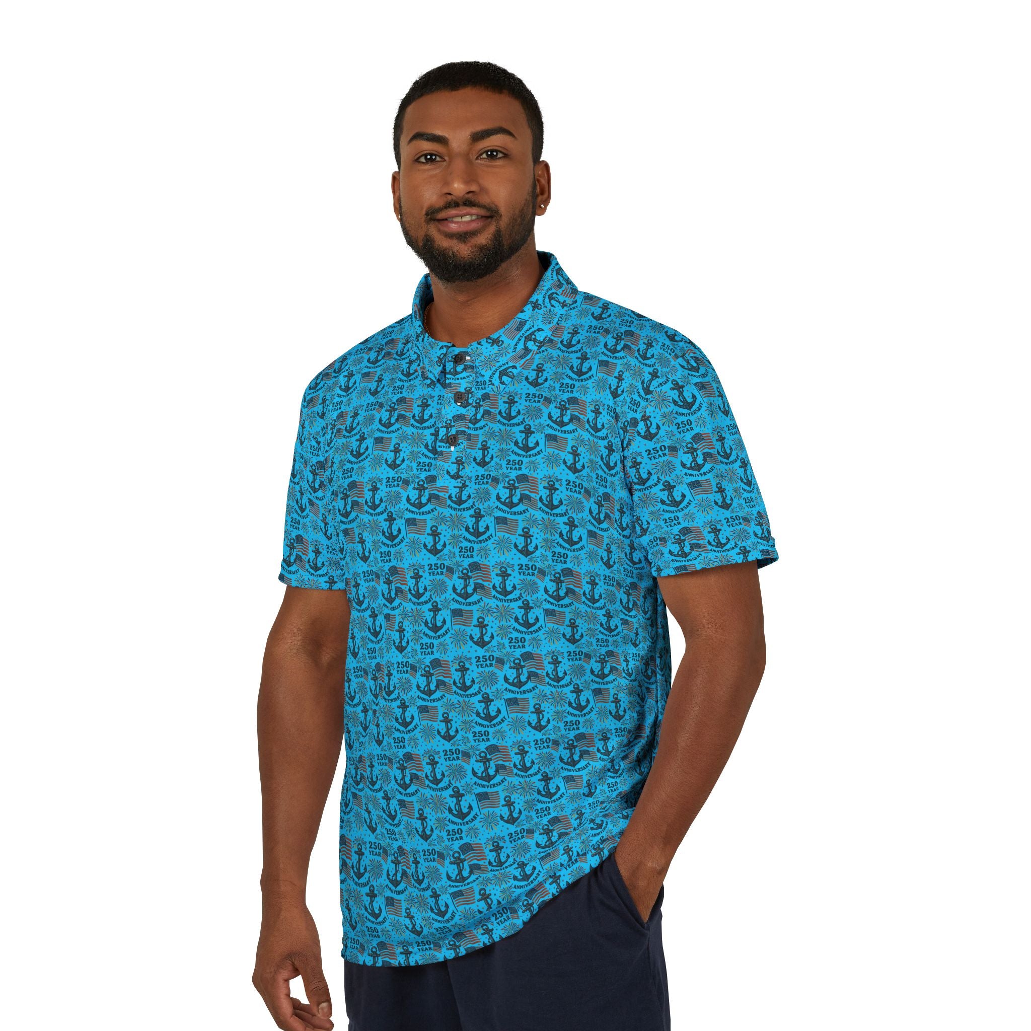 Nautical Anchor & American Flag Polo Shirt — Blue