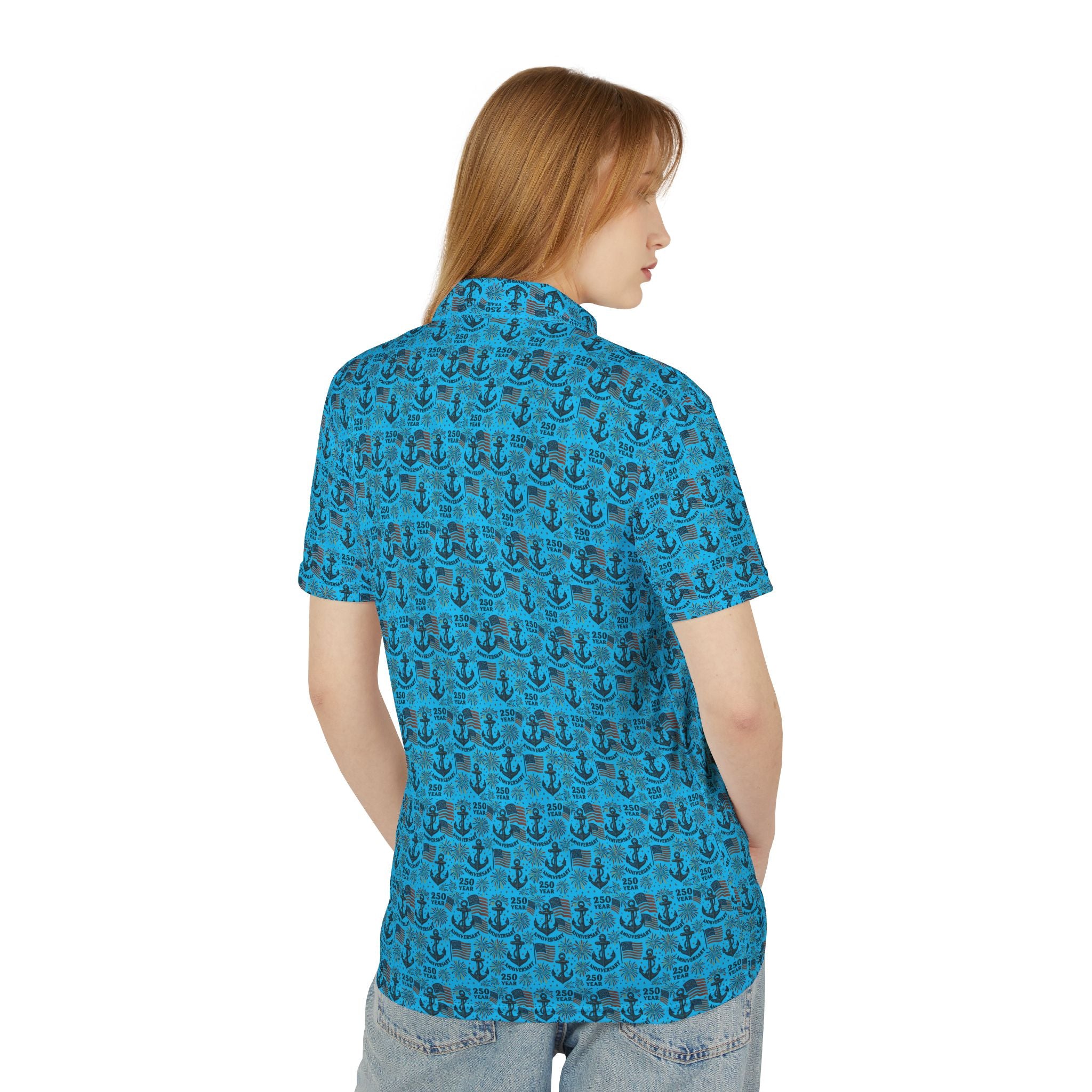 Nautical Anchor & American Flag Polo Shirt — Blue