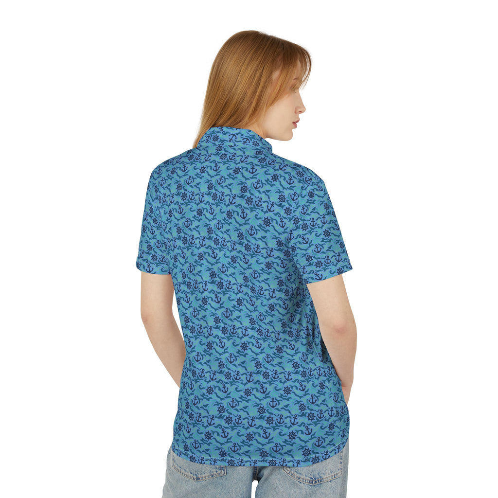 Blue Nautical Ocean Wave Pattern Polo